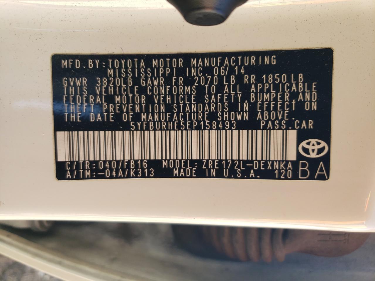 2014 Toyota Corolla L VIN: 5YFBURHE5EP158493 Lot: 85233774