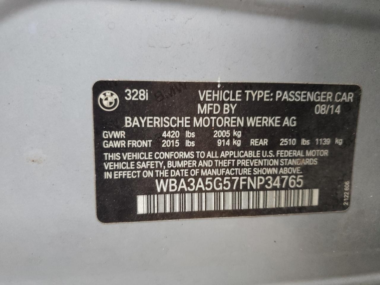 VIN WBA3A5G57FNP34765 2015 BMW 3 SERIES no.13