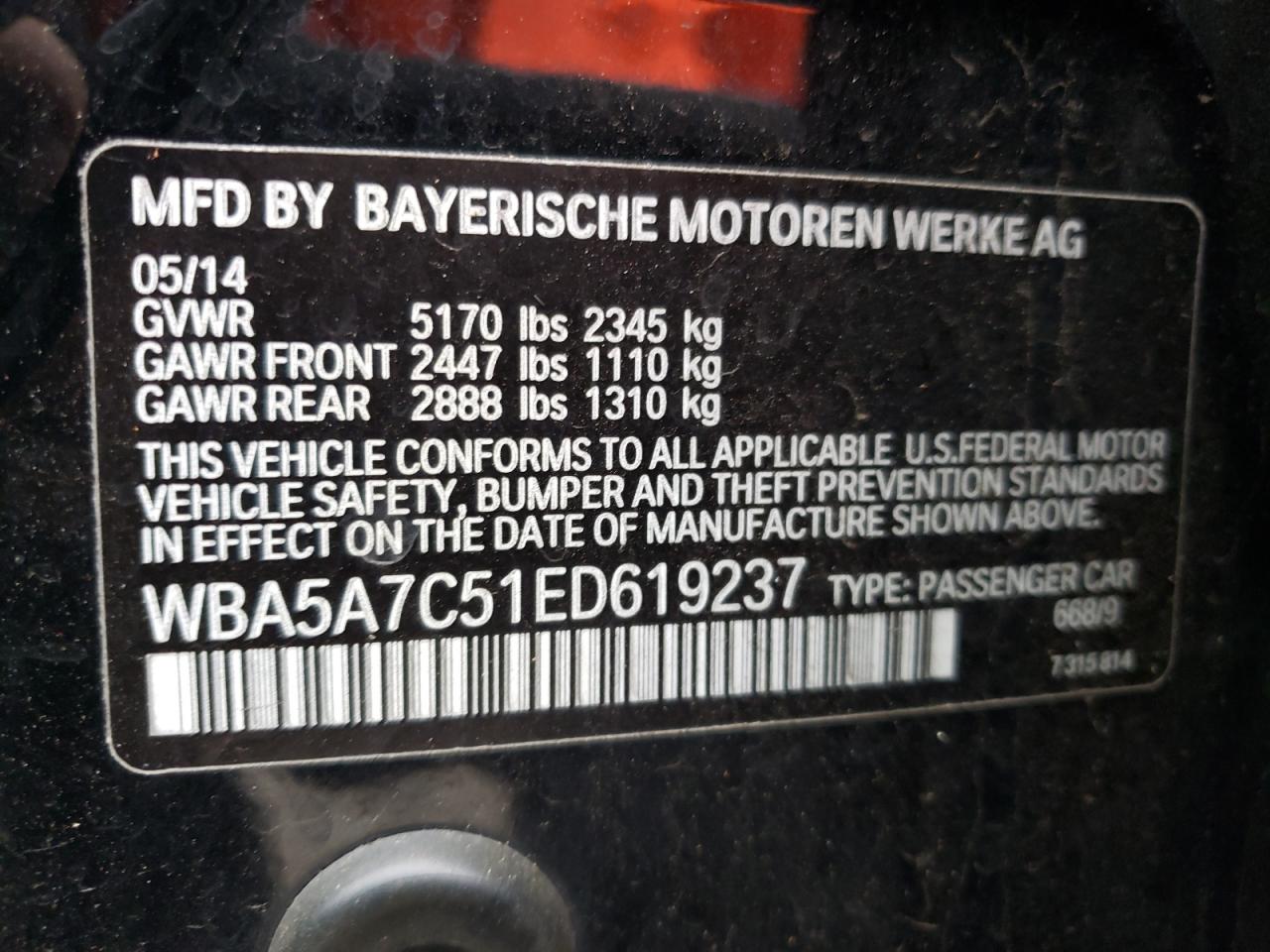 VIN WBA5A7C51ED619237 2014 BMW 5 SERIES no.13