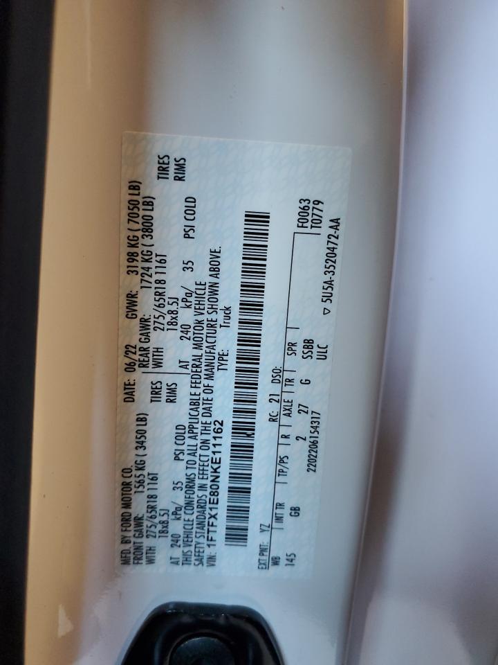 2022 Ford F150 Super Cab VIN: 1FTFX1E80NKE11162 Lot: 83627594