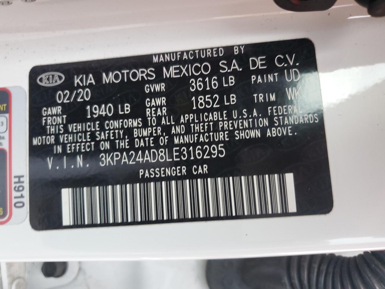 2020 Kia Rio Lx VIN: 3KPA24AD8LE316295 Lot: 83313154