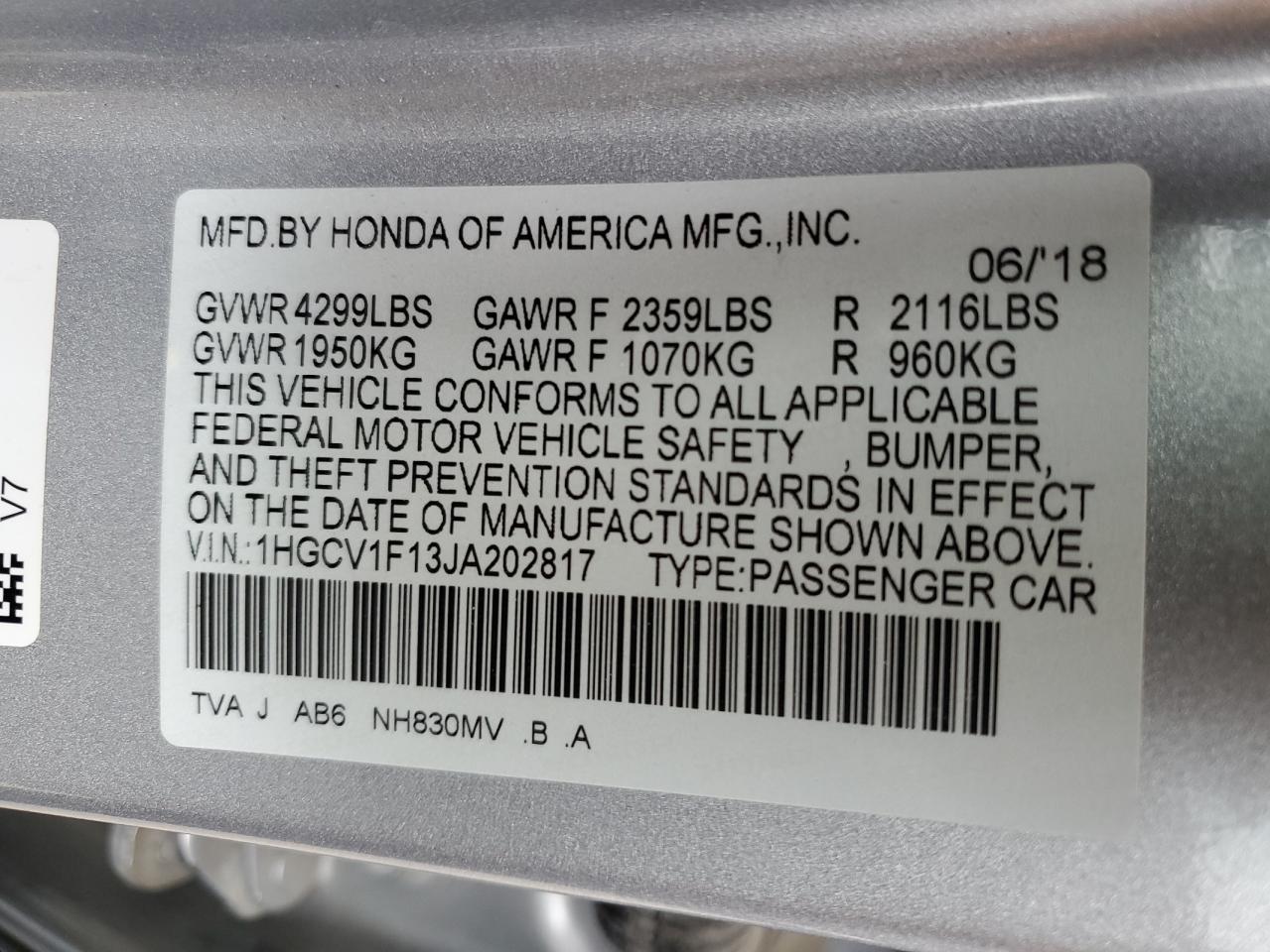 VIN 1HGCV1F13JA202817 2018 HONDA ACCORD no.12