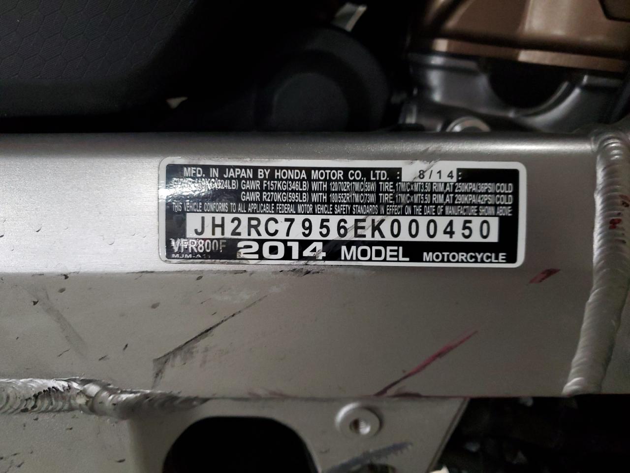 2014 Honda Vfr800 F VIN: JH2RC7956EK000450 Lot: 83589564