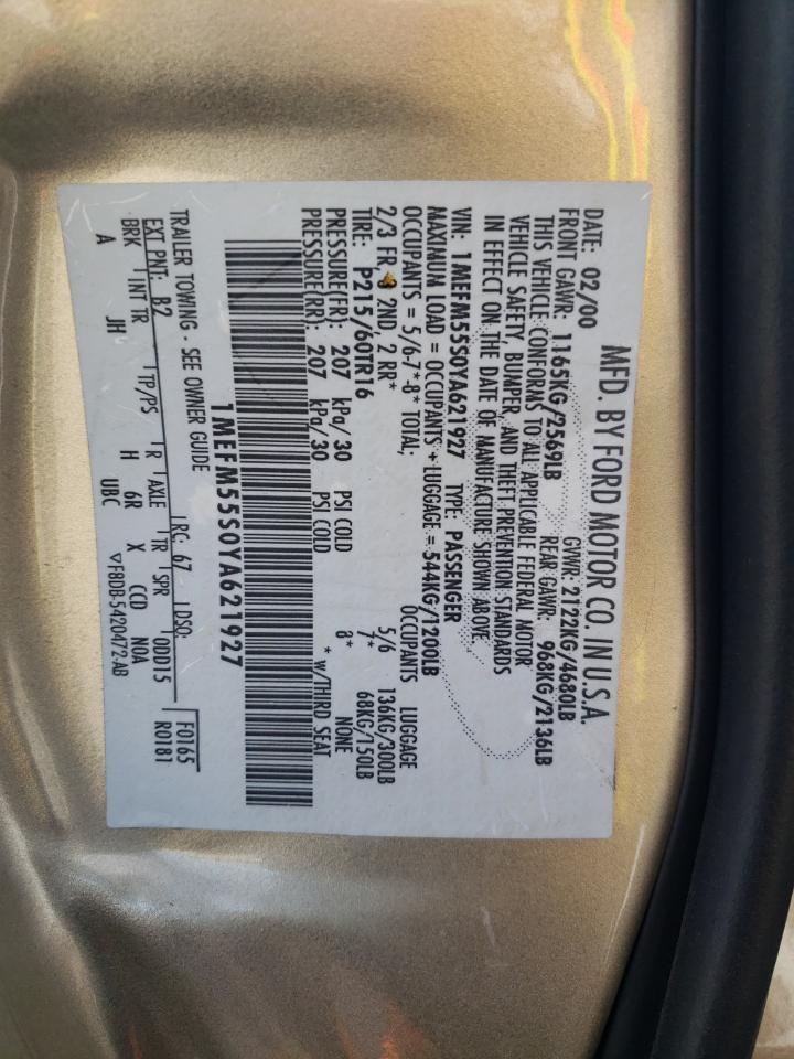 2000 Mercury Sable Ls Premium VIN: 1MEFM55S0YA621927 Lot: 87052444