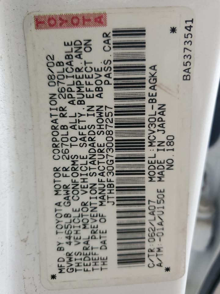 2003 Lexus Es 300 VIN: JTHBF30G730087257 Lot: 85267824