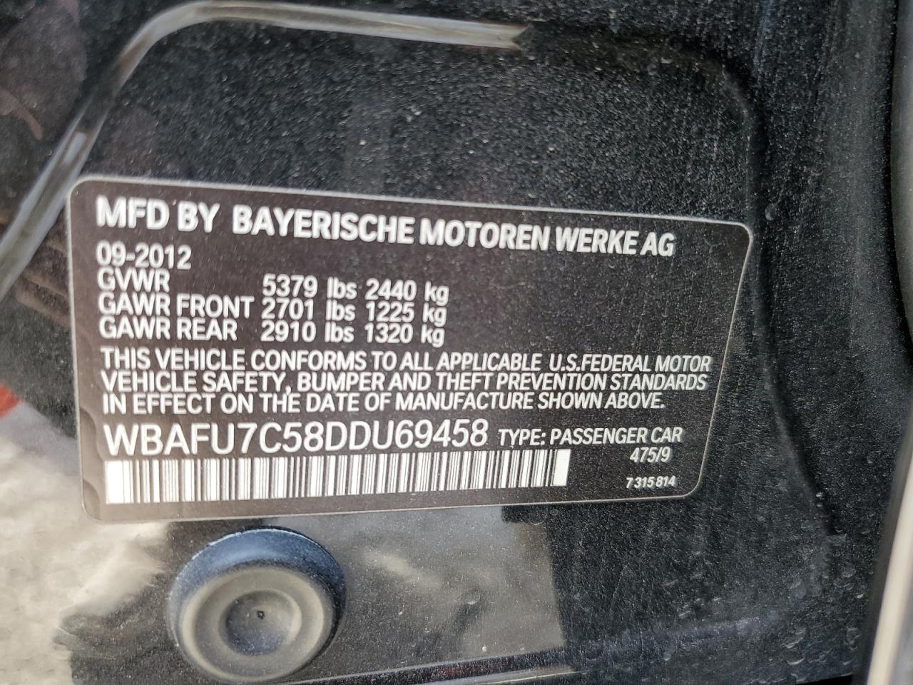 2013 BMW 535 Xi VIN: WBAFU7C58DDU69458 Lot: 84444444