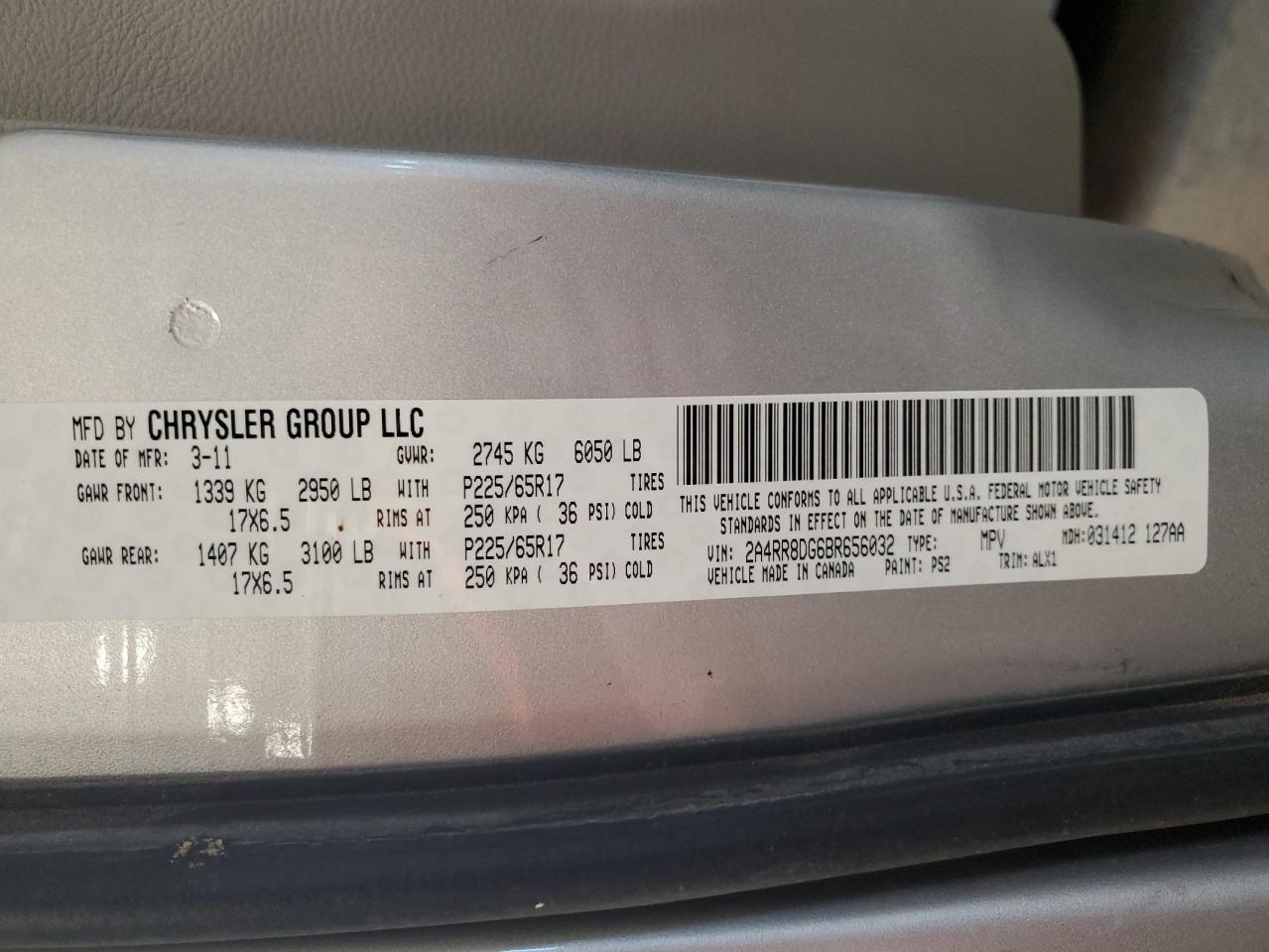 2011 Chrysler Town & Country Touring L VIN: 2A4RR8DG6BR656032 Lot: 82189894