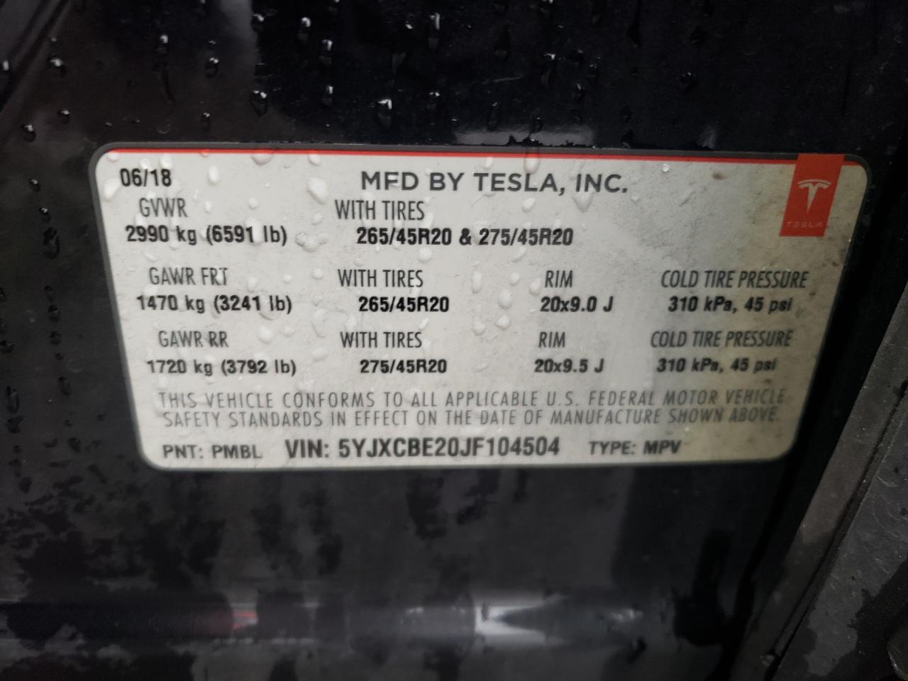 2018 Tesla Model X VIN: 5YJXCBE20JF104504 Lot: 85541764