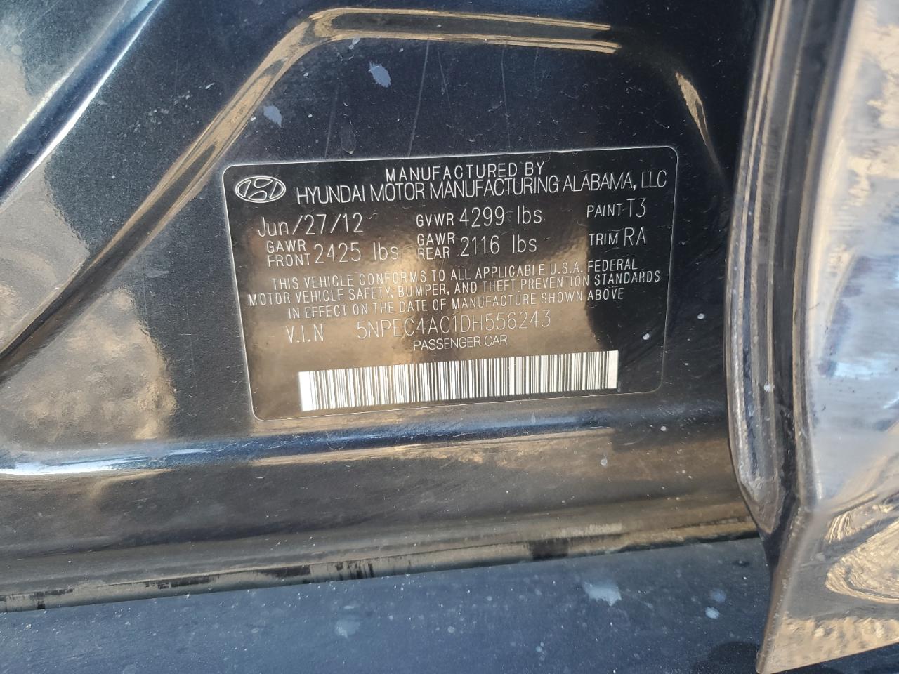 2013 Hyundai Sonata Se VIN: 5NPEC4AC1DH556243 Lot: 87040124