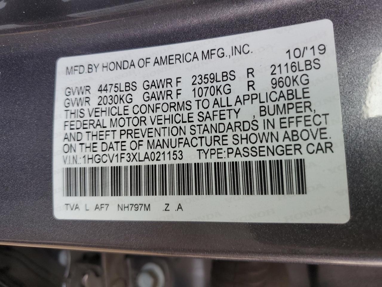 VIN 1HGCV1F3XLA021153 2020 HONDA ACCORD no.13