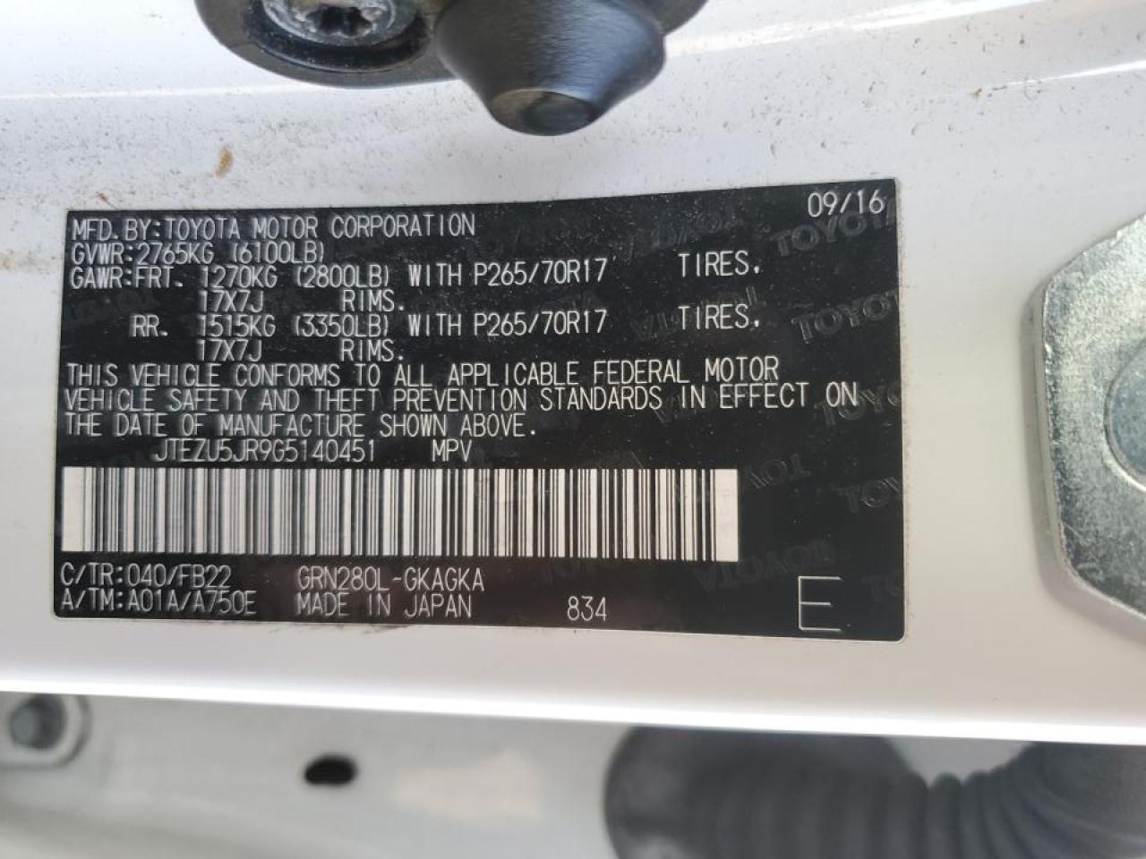 2016 Toyota 4Runner Sr5 VIN: JTEZU5JR9G5140451 Lot: 85808804