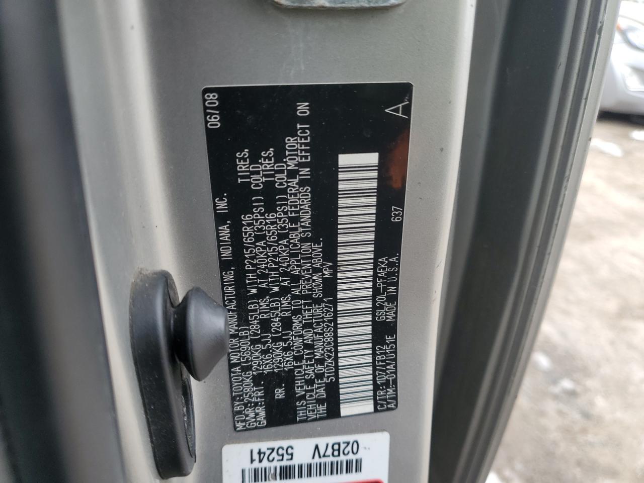 2008 Toyota Sienna Ce VIN: 5TDZK23C88S216271 Lot: 83019764