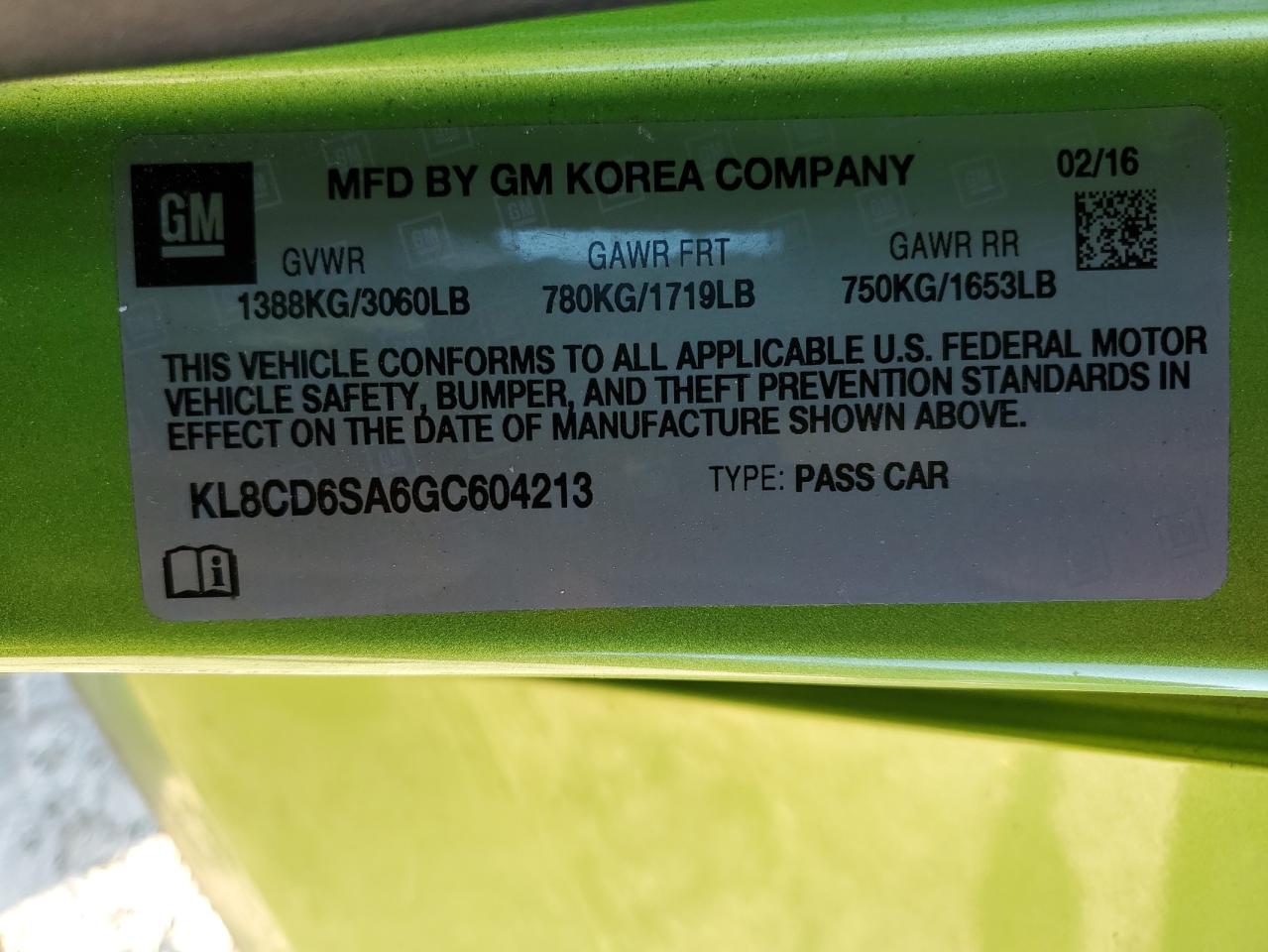 2016 Chevrolet Spark 1Lt VIN: KL8CD6SA6GC604213 Lot: 86049084