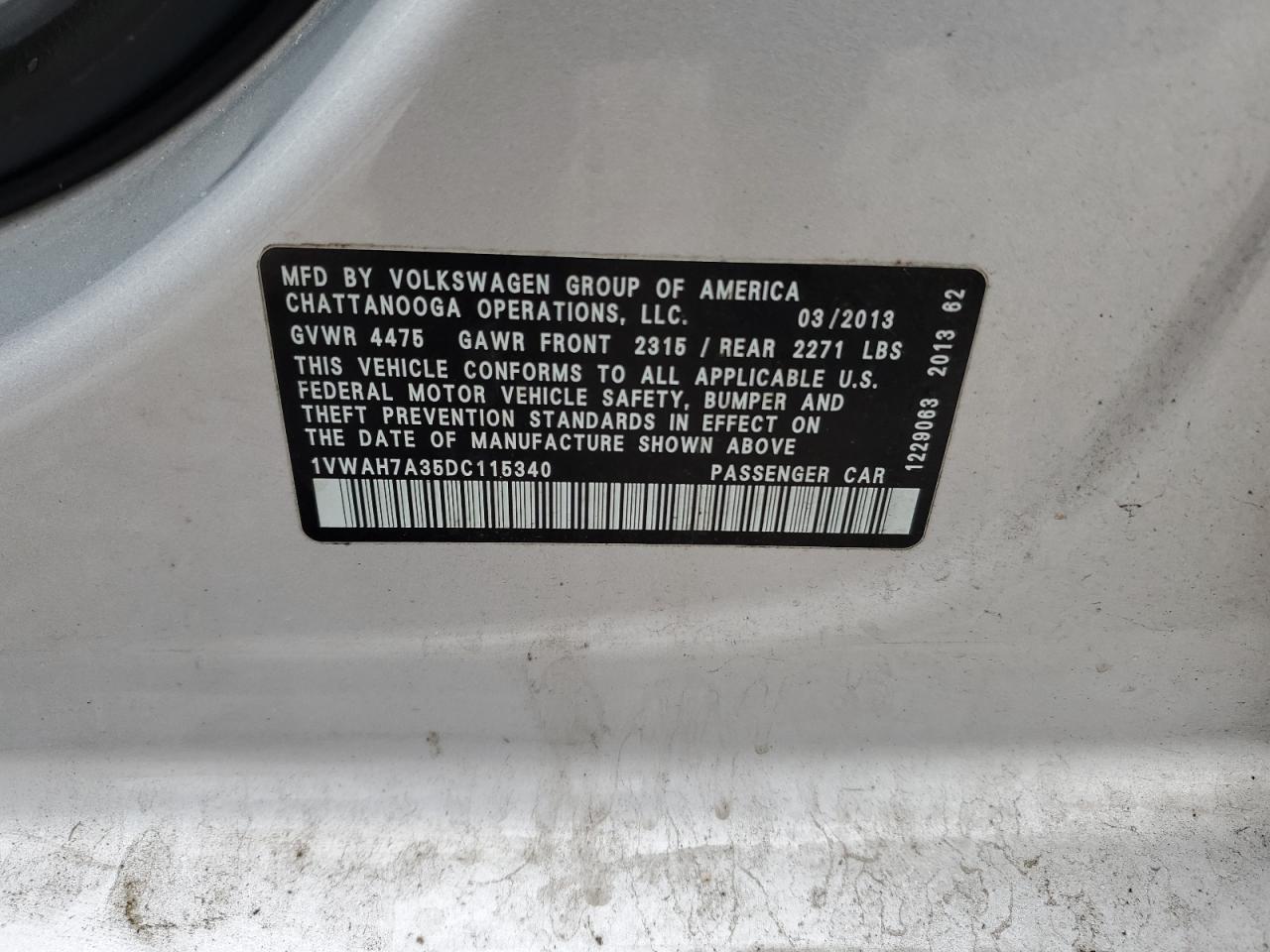 2013 Volkswagen Passat S VIN: 1VWAH7A35DC115340 Lot: 84463204