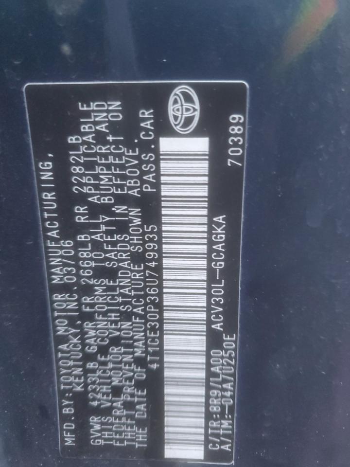 2006 Toyota Camry Solara Se VIN: 4T1CE30P36U749935 Lot: 86910184