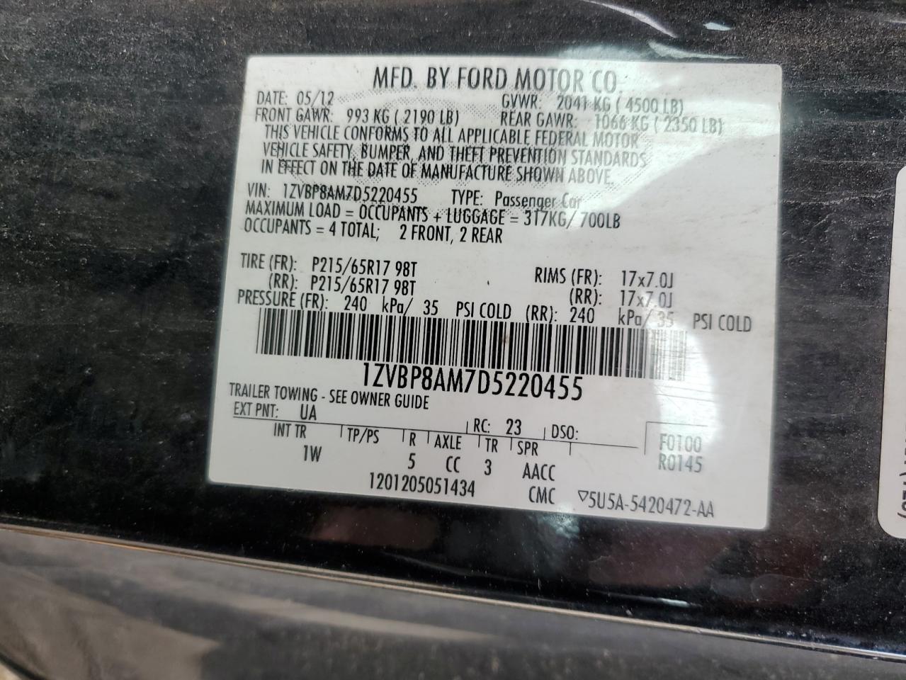 2013 Ford Mustang VIN: 1ZVBP8AM7D5220455 Lot: 86286404