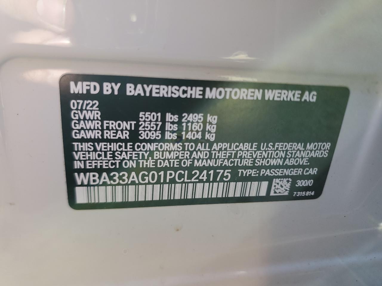 2023 BMW 530Xe VIN: WBA33AG01PCL24175 Lot: 84849874