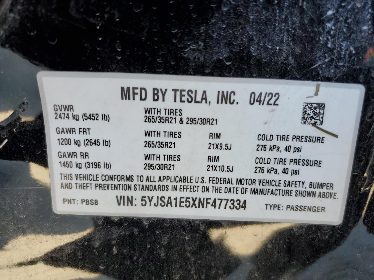 2022 Tesla Model S VIN: 5YJSA1E5XNF477334 Lot: 85971654