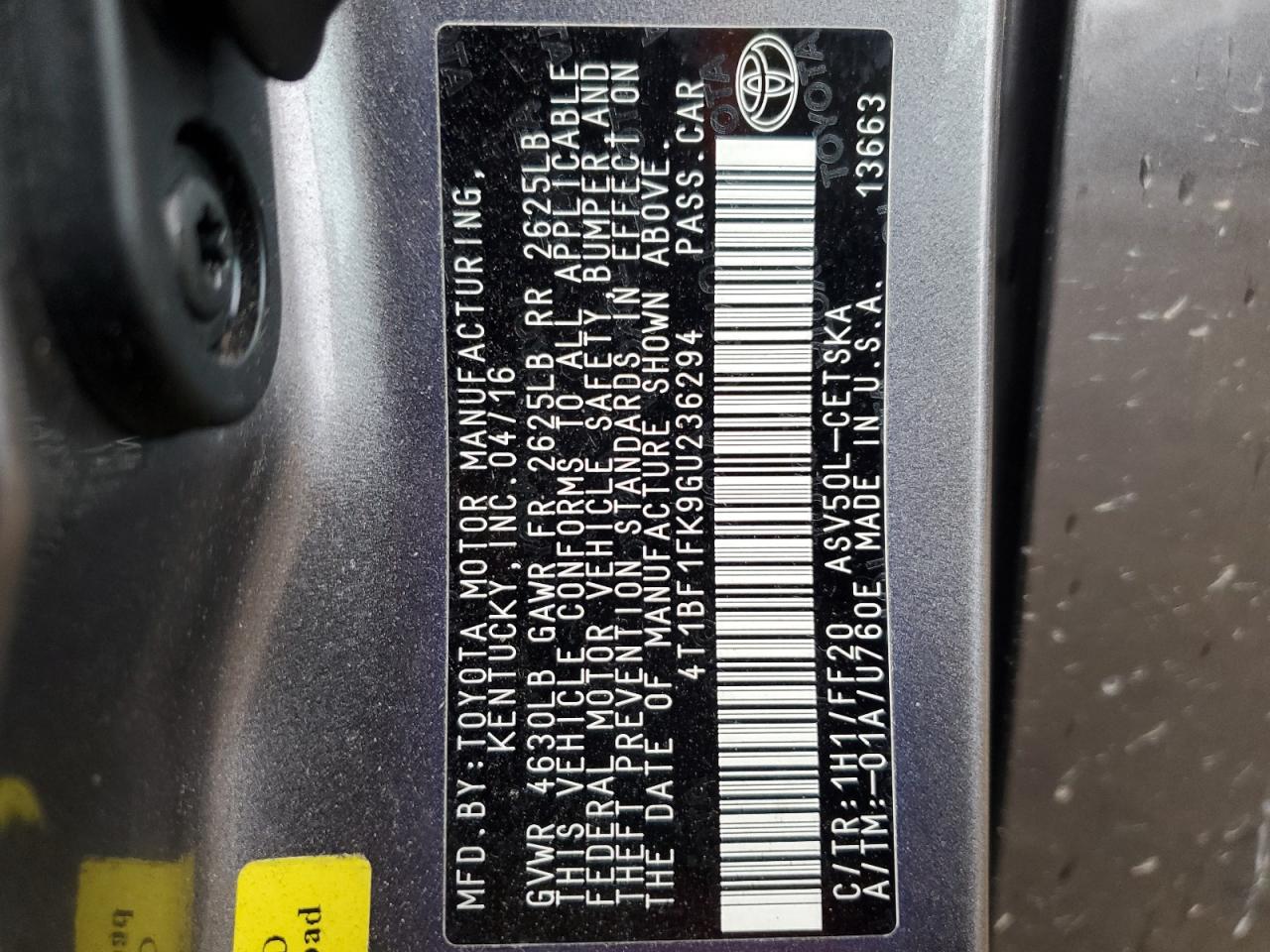 VIN 4T1BF1FK9GU236294 2016 TOYOTA CAMRY no.13