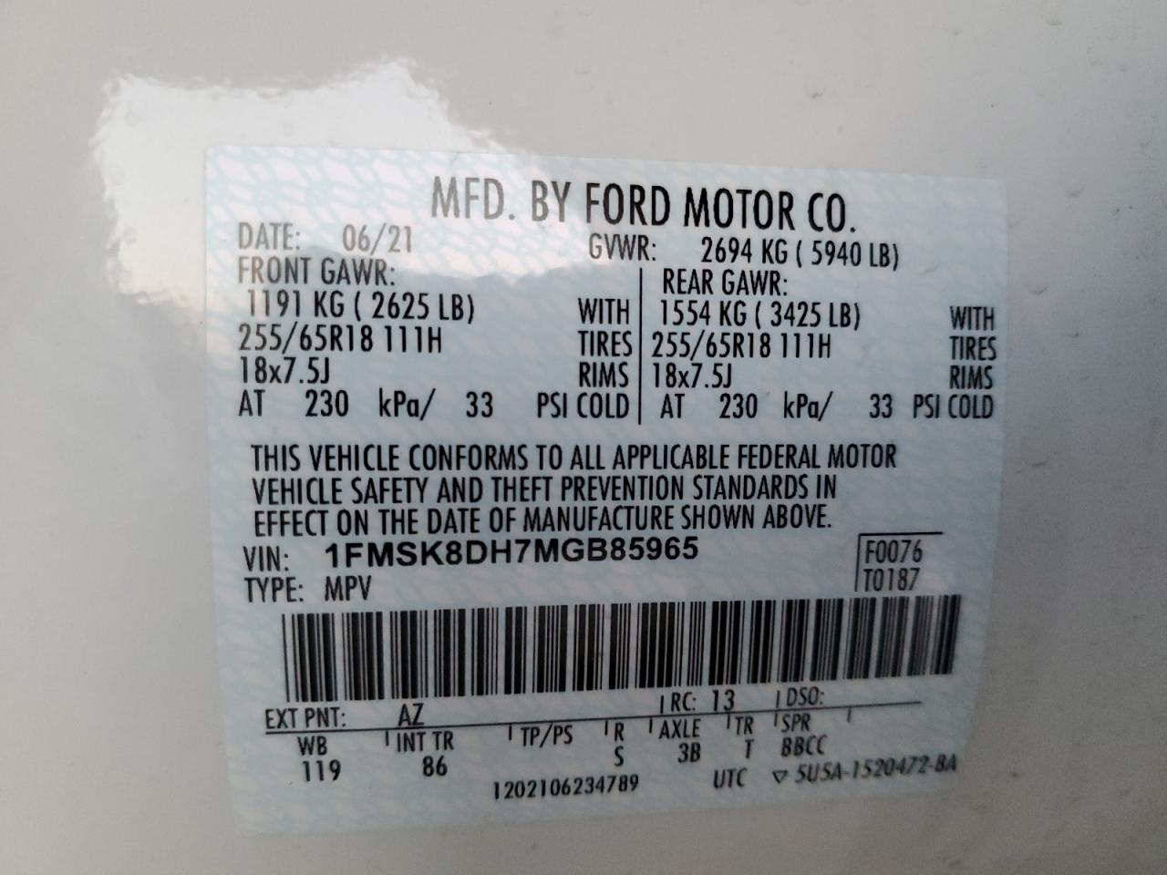 2021 Ford Explorer Xlt VIN: 1FMSK8DH7MGB85965 Lot: 84971064