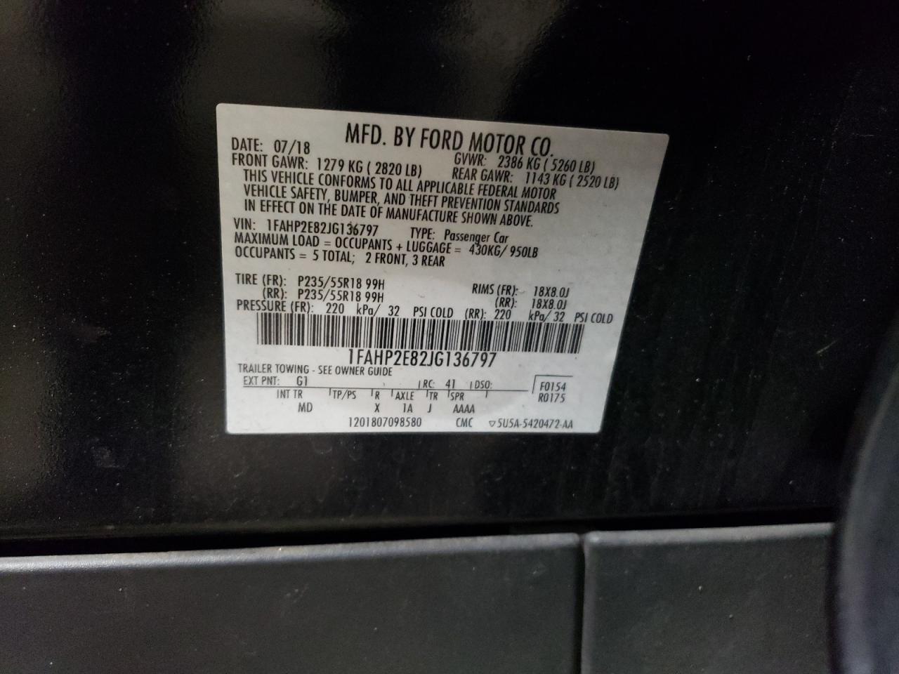 2018 Ford Taurus Sel VIN: 1FAHP2E82JG136797 Lot: 86392414