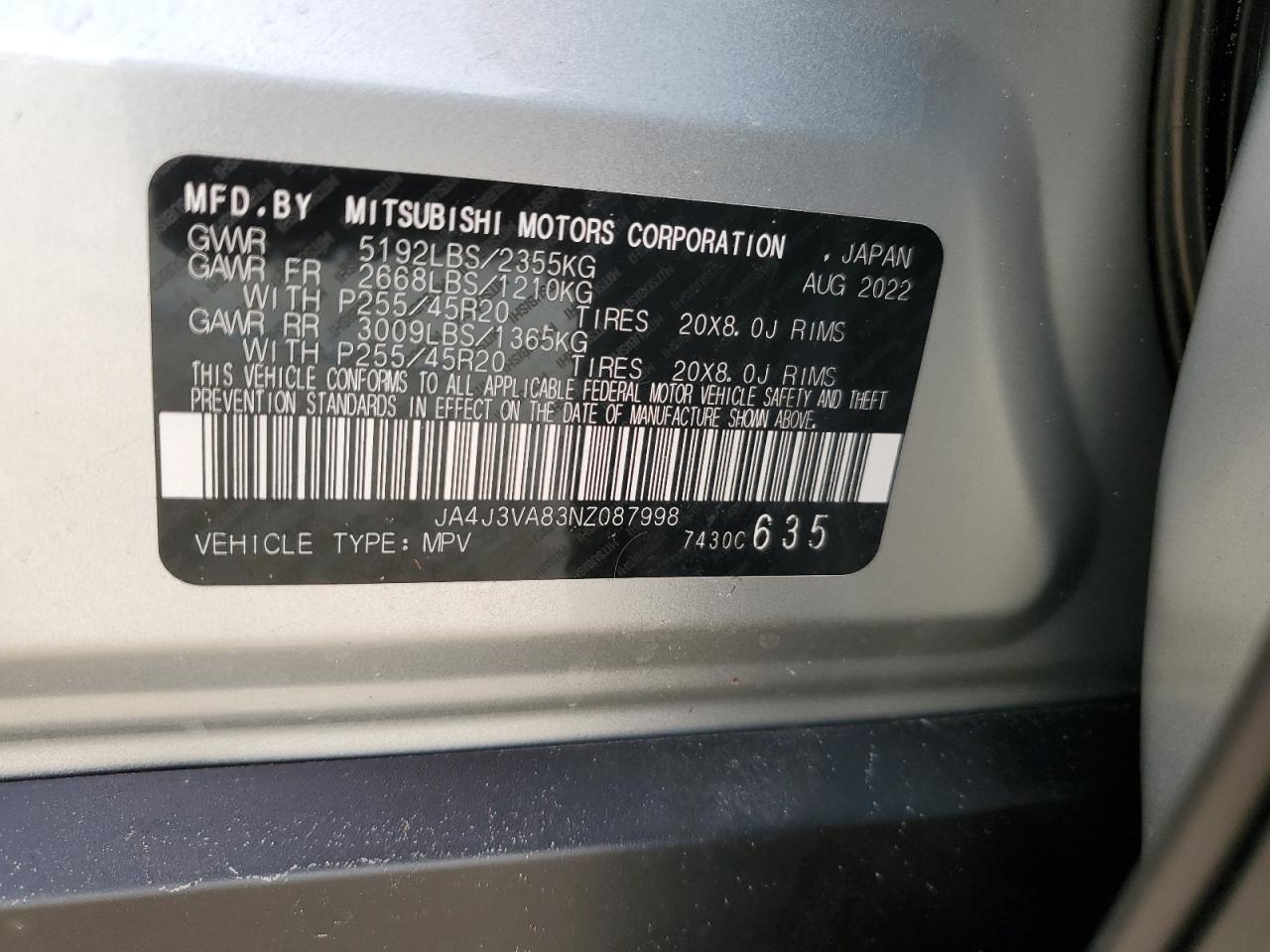 2022 Mitsubishi Outlander Sel VIN: JA4J3VA83NZ087998 Lot: 84772824