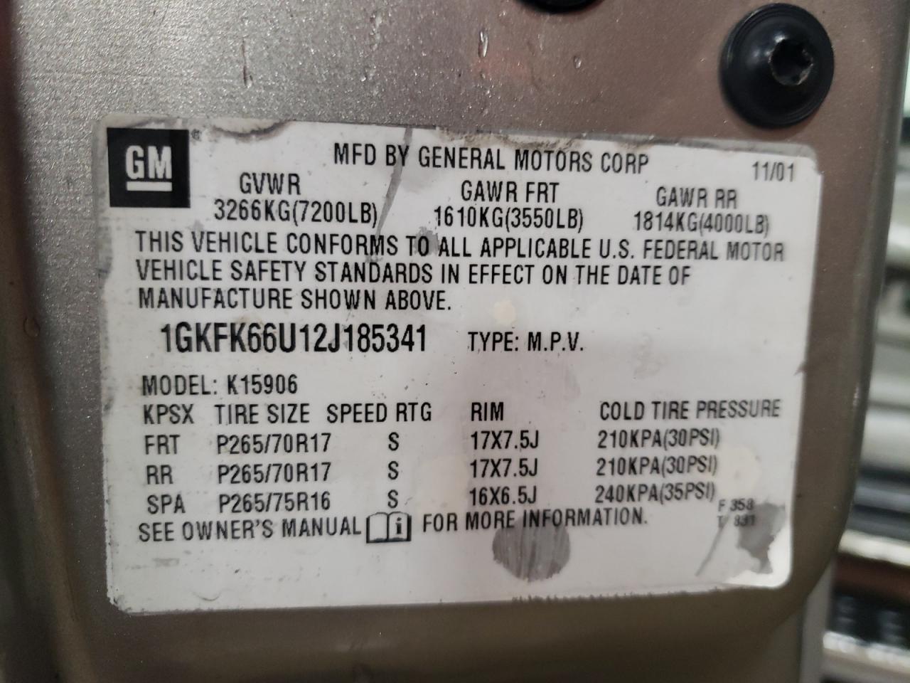 2002 GMC Denali Xl K1500 VIN: 1GKFK66U12J185341 Lot: 85277234