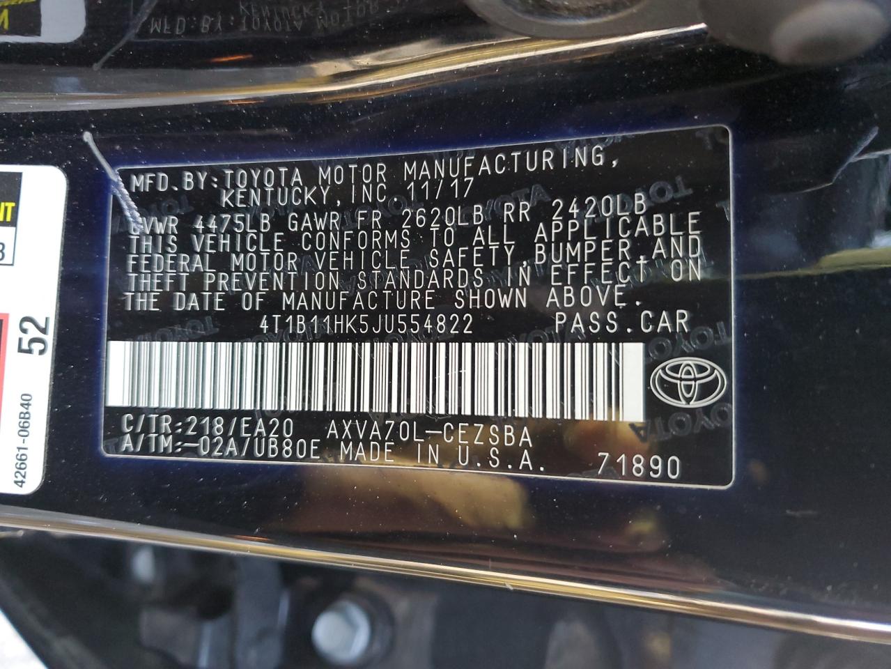 2018 Toyota Camry L VIN: 4T1B11HK5JU554822 Lot: 65806575