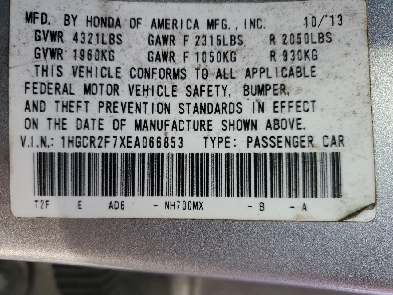 VIN 1HGCR2F7XEA066853 2014 HONDA ACCORD no.12