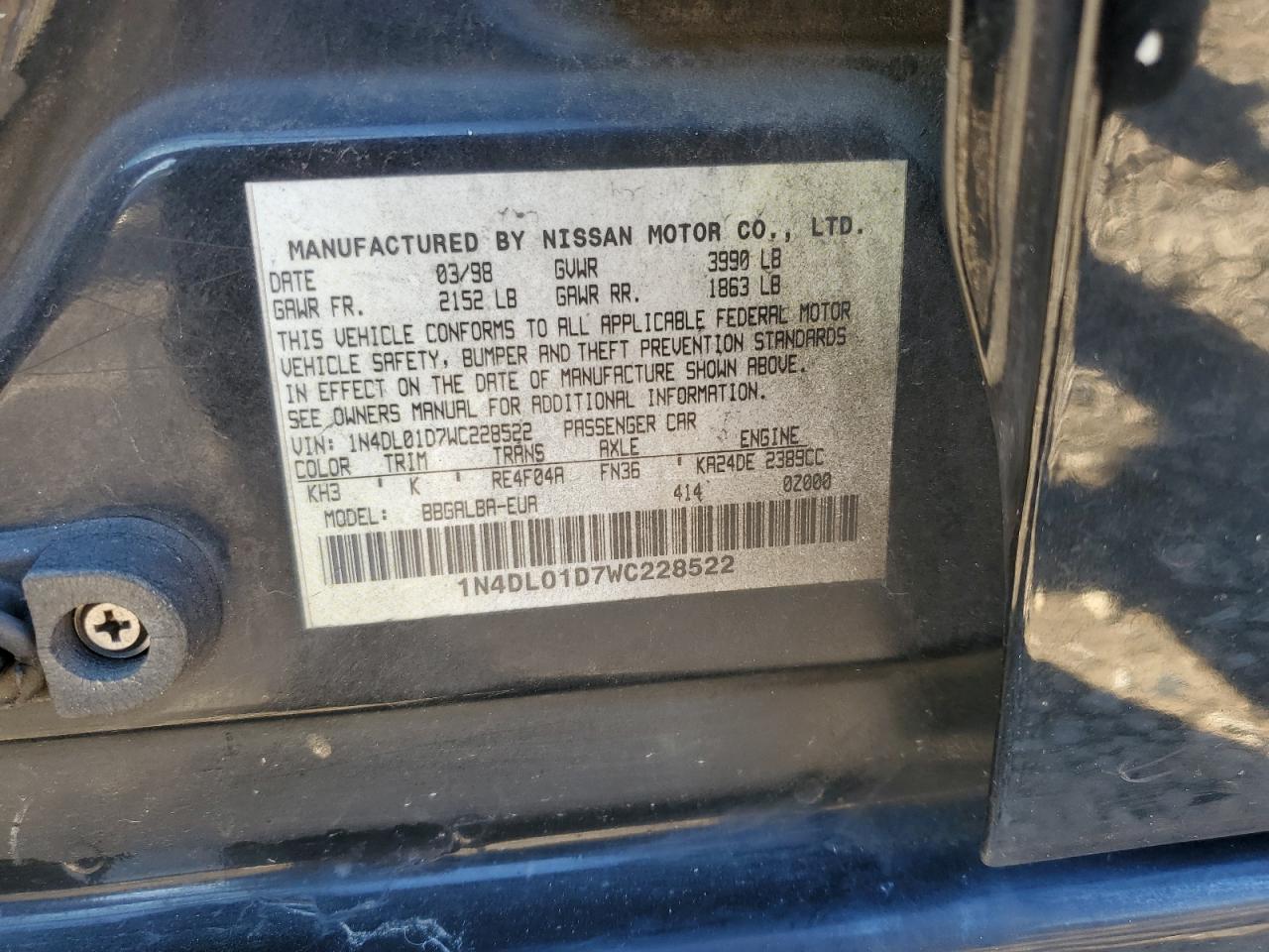1998 Nissan Altima Xe VIN: 1N4DL01D7WC228522 Lot: 50413465