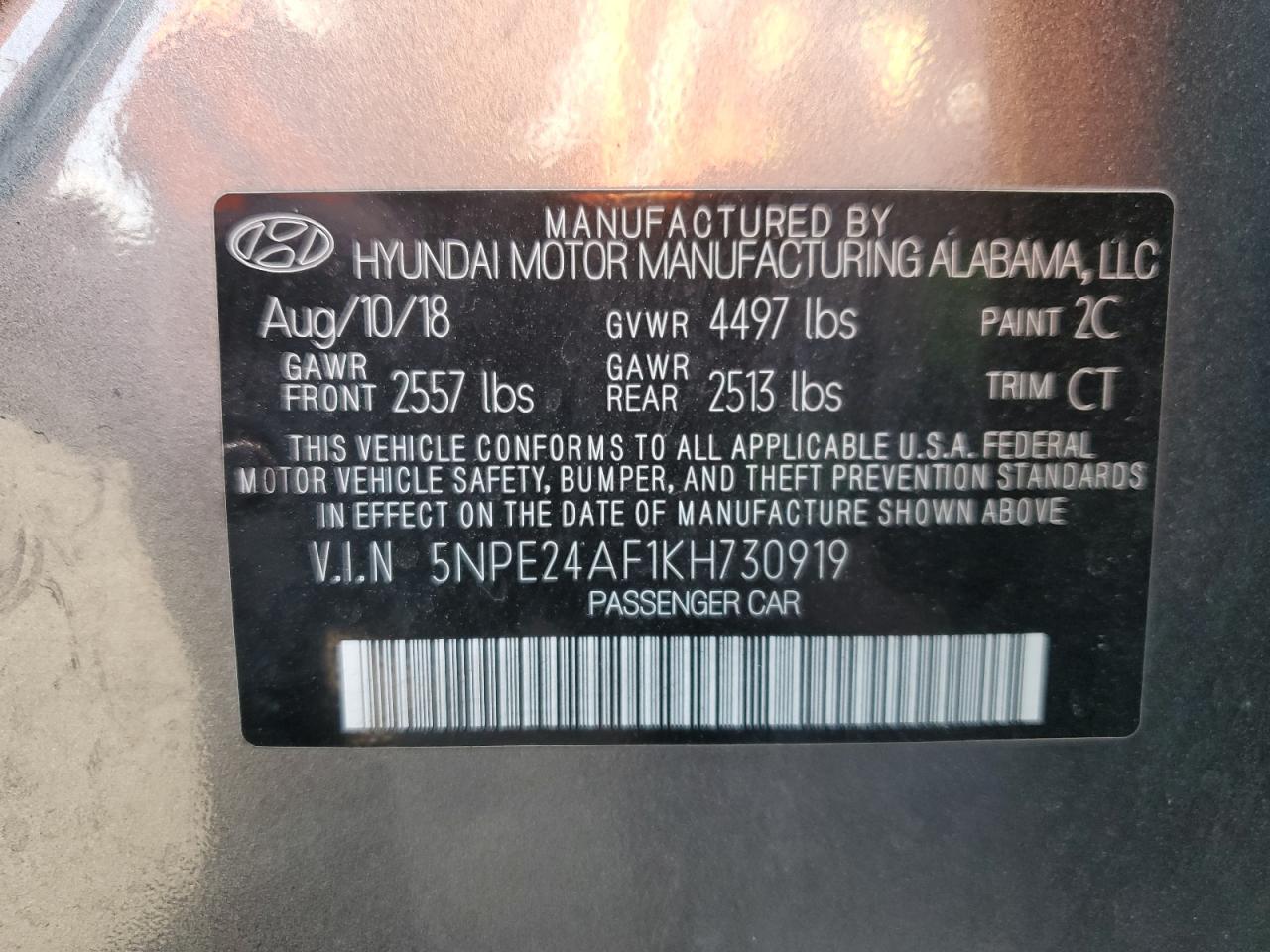 VIN 5NPE24AF1KH730919 2019 HYUNDAI SONATA no.12