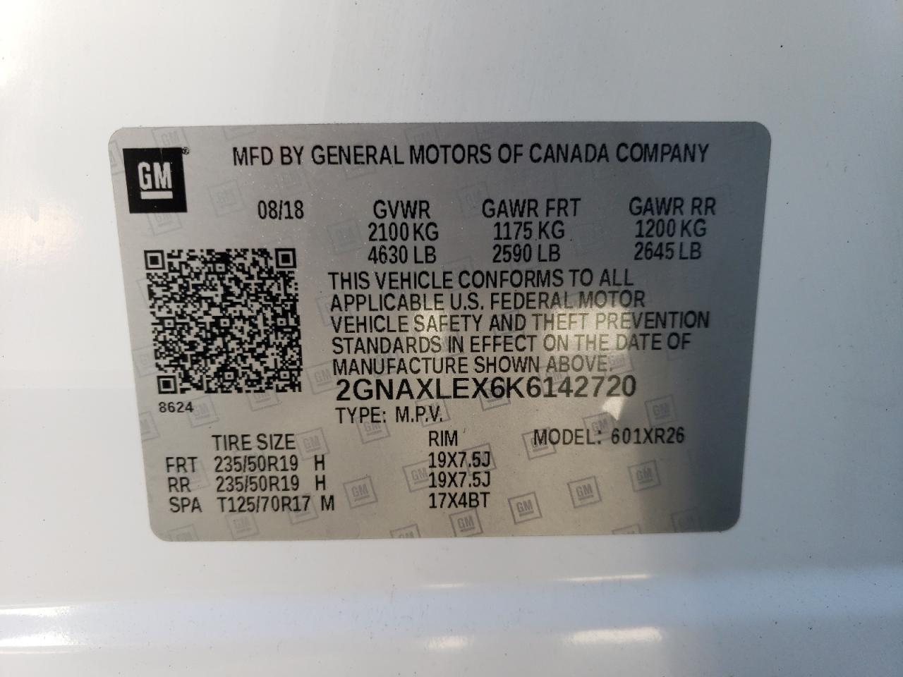 2019 Chevrolet Equinox Lt VIN: 2GNAXLEX6K6142720 Lot: 84909544