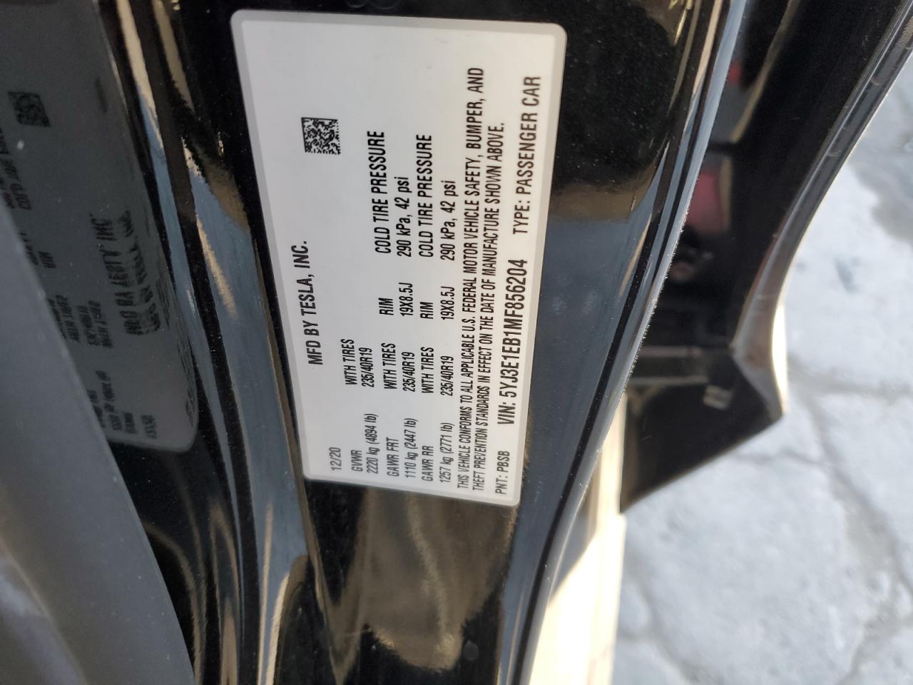 2021 Tesla Model 3 VIN: 5YJ3E1EB1MF856204 Lot: 83685694