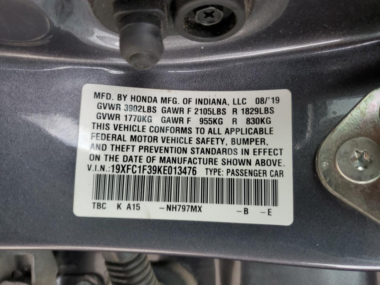 VIN 19XFC1F39KE013476 2019 HONDA CIVIC no.12