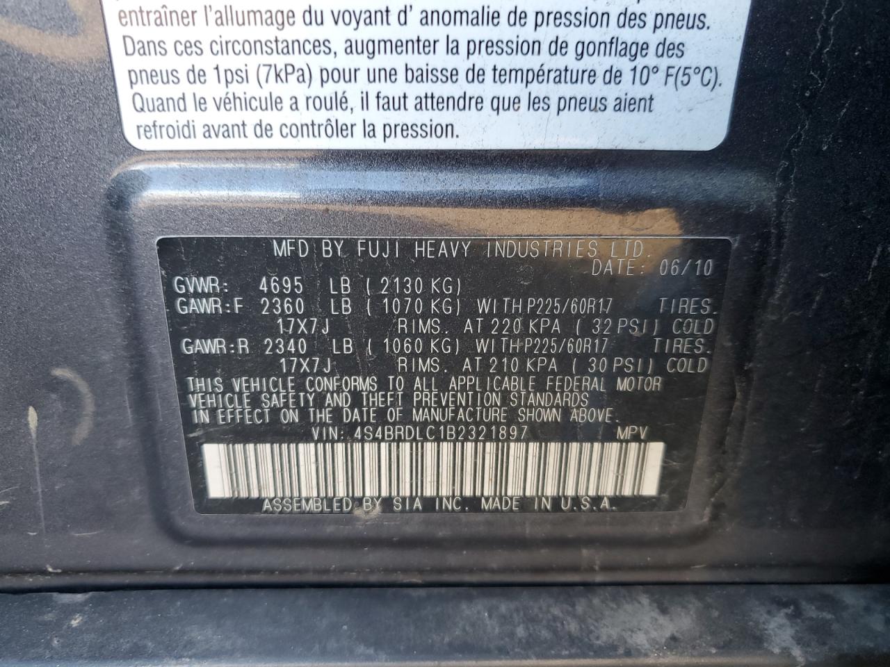 2011 Subaru Outback 3.6R Limited VIN: 4S4BRDLC1B2321897 Lot: 85969614