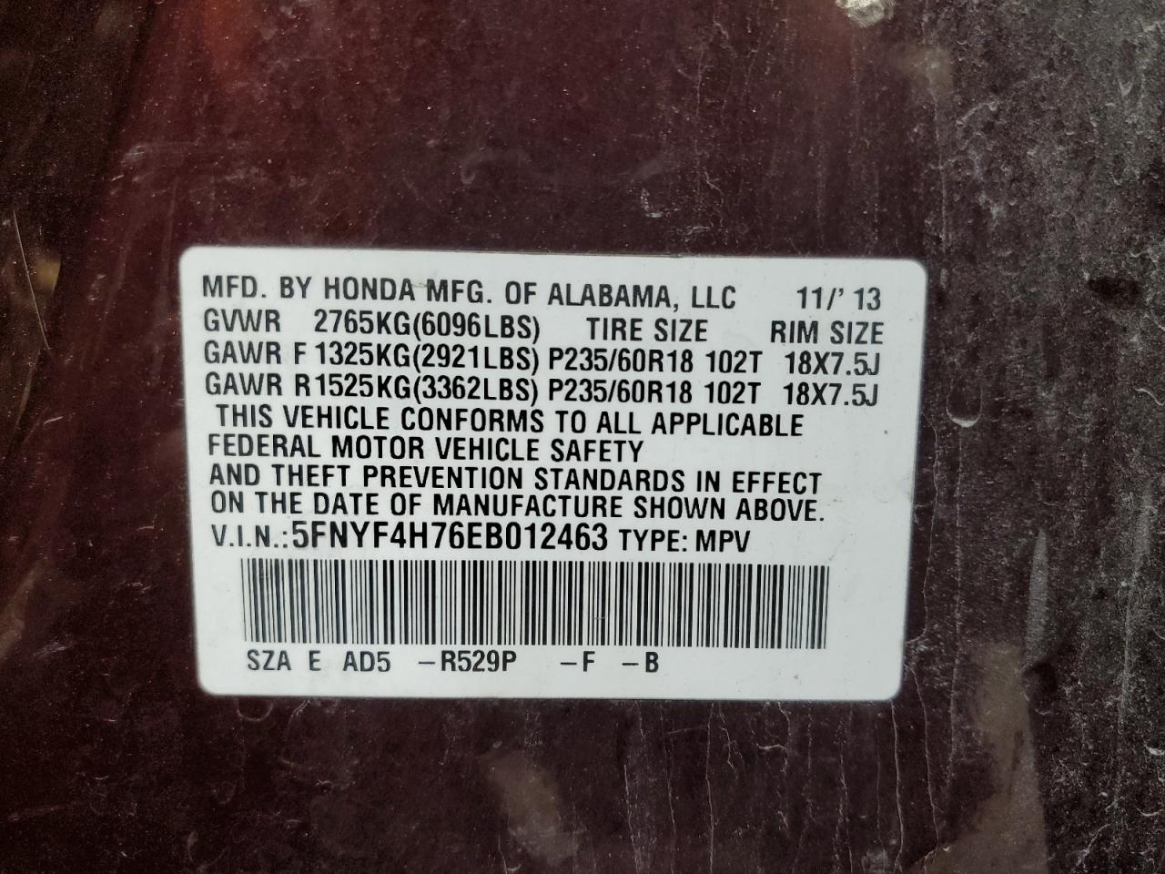 VIN 5FNYF4H76EB012463 2014 HONDA PILOT no.13