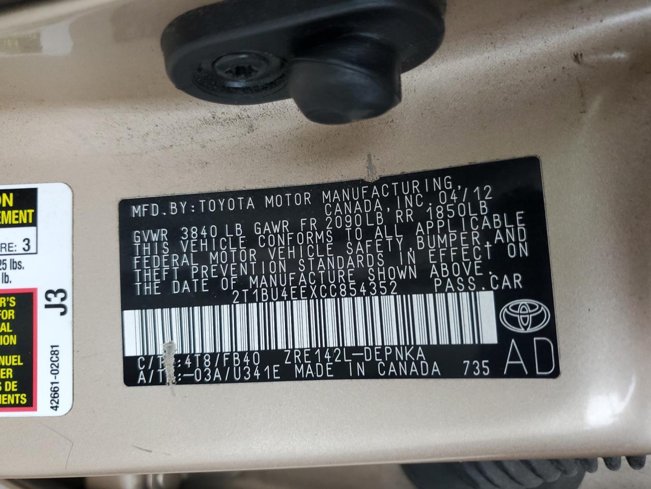 2012 Toyota Corolla Base VIN: 2T1BU4EEXCC854352 Lot: 84498174