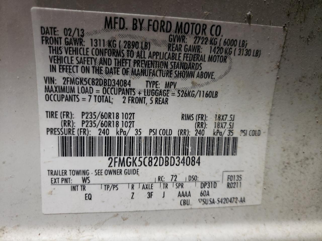 2013 Ford Flex Sel VIN: 2FMGK5C82DBD34084 Lot: 85470054