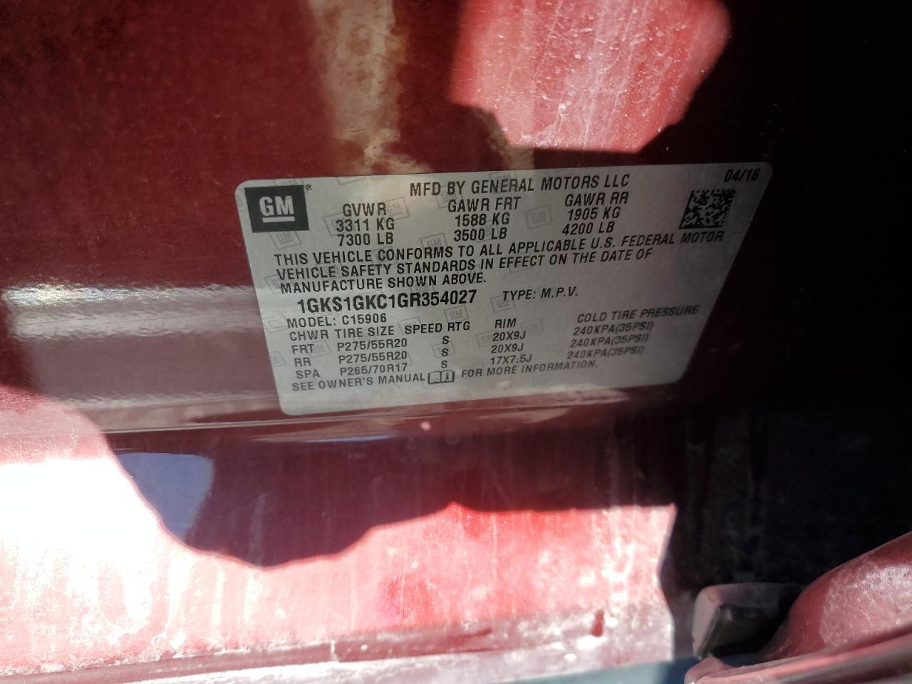 2016 GMC Yukon Xl C1500 Slt VIN: 1GKS1GKC1GR354027 Lot: 82534324