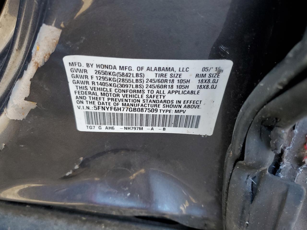 2016 Honda Pilot Exln VIN: 5FNYF6H77GB087509 Lot: 86780324