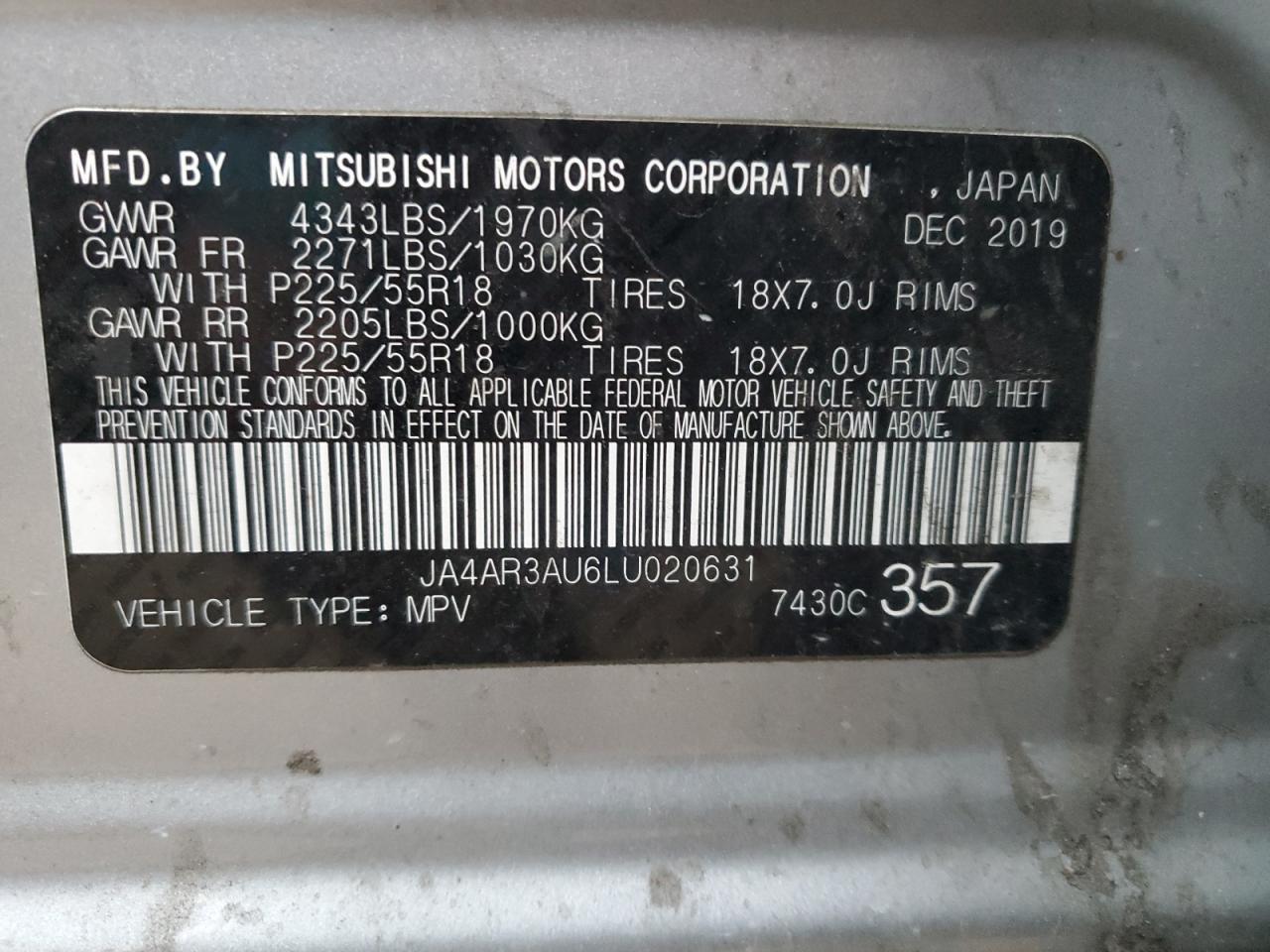 VIN JA4AR3AU6LU020631 2020 MITSUBISHI OUTLANDER no.12