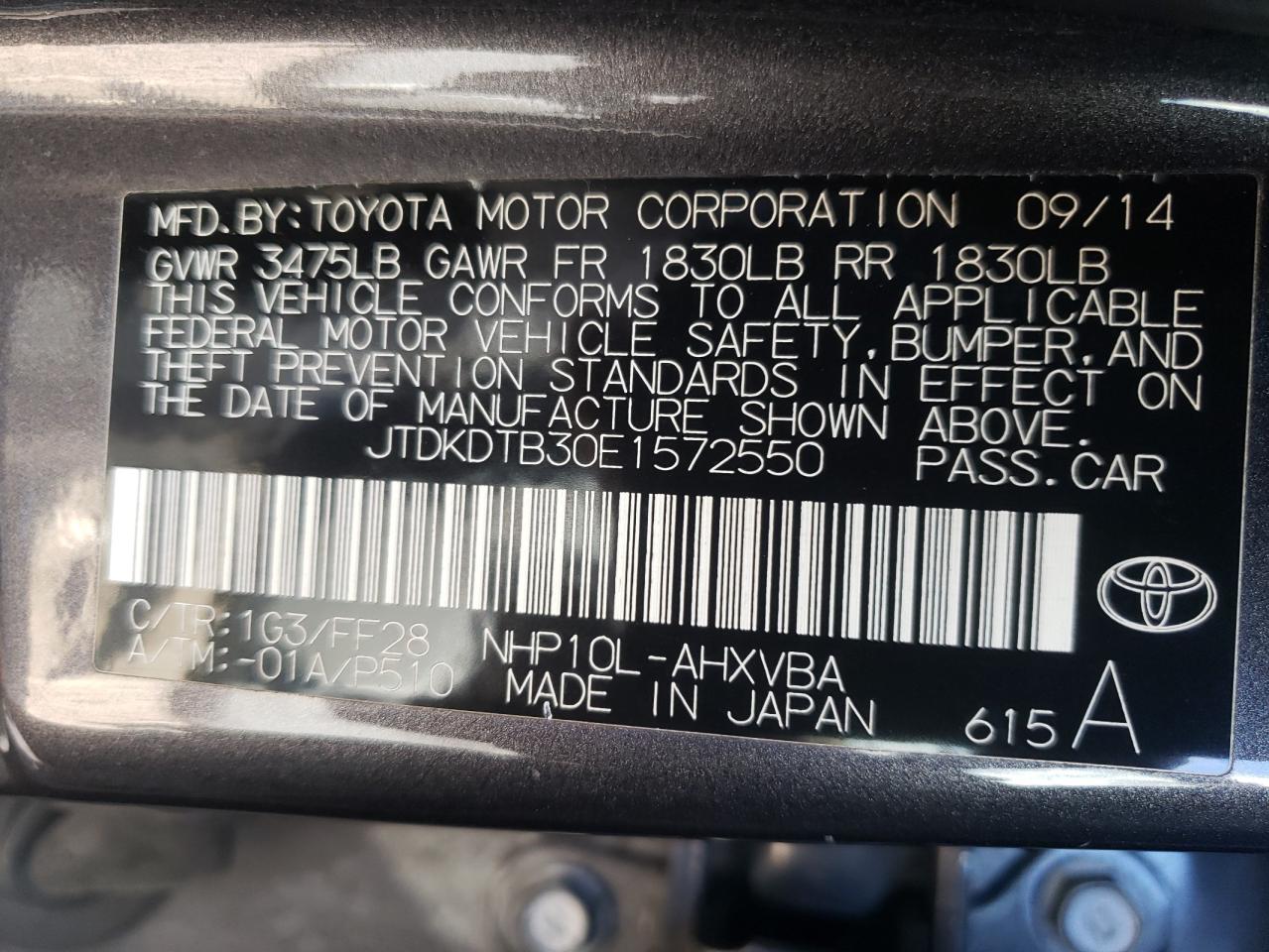 VIN JTDKDTB30E1572550 2014 TOYOTA PRIUS no.12