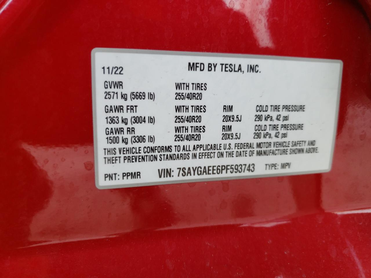 VIN 7SAYGAEE6PF593743 2023 TESLA MODEL Y no.14