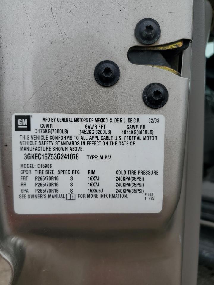 2003 GMC Yukon Xl C1500 VIN: 3GKEC16Z53G241078 Lot: 85521514