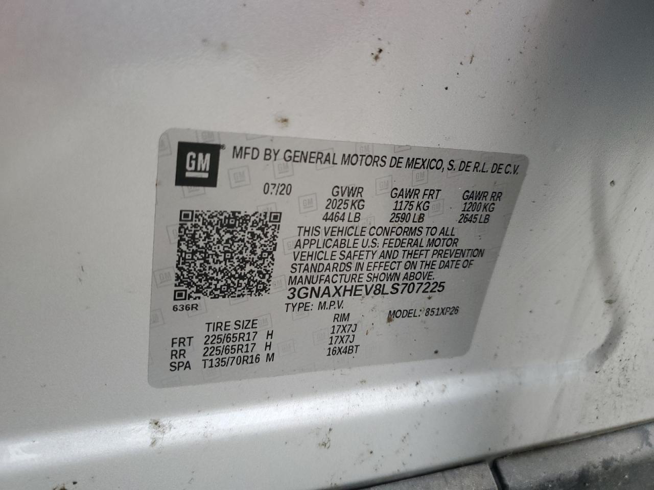 2020 Chevrolet Equinox Ls VIN: 3GNAXHEV8LS707225 Lot: 83864484