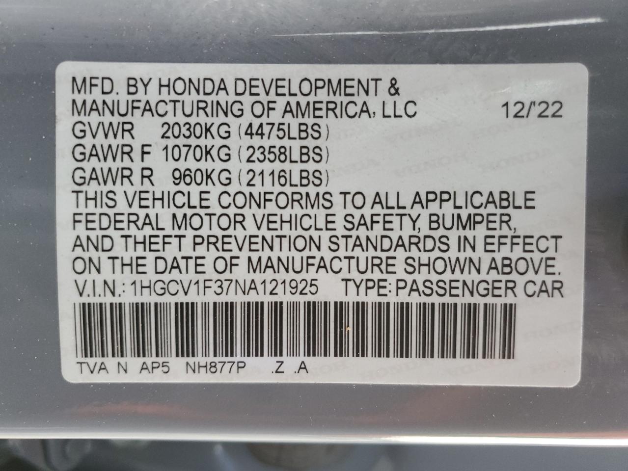 VIN 1HGCV1F37NA121925 2022 HONDA ACCORD no.12