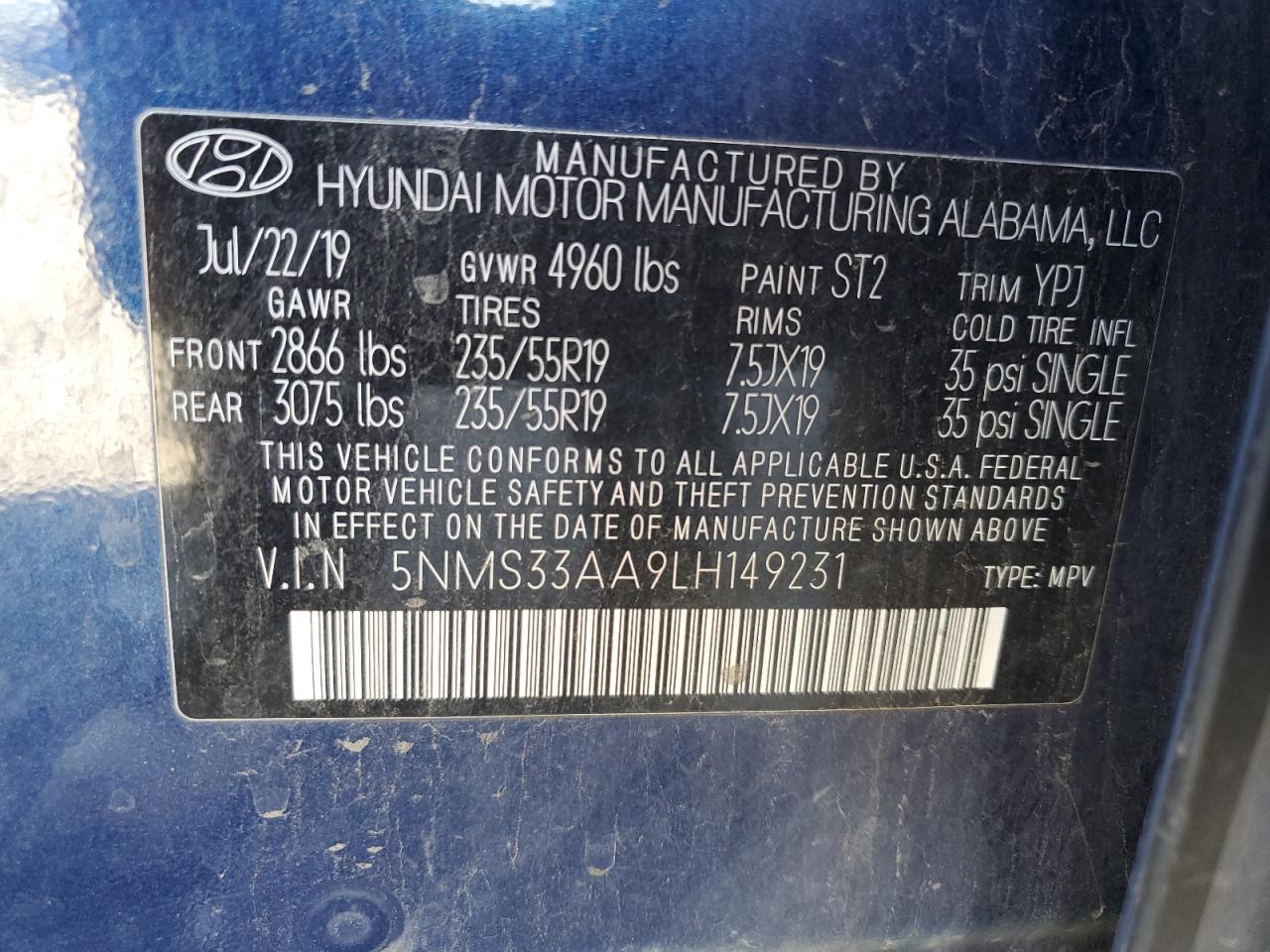 2020 Hyundai Santa Fe Sel VIN: 5NMS33AA9LH149231 Lot: 84337724