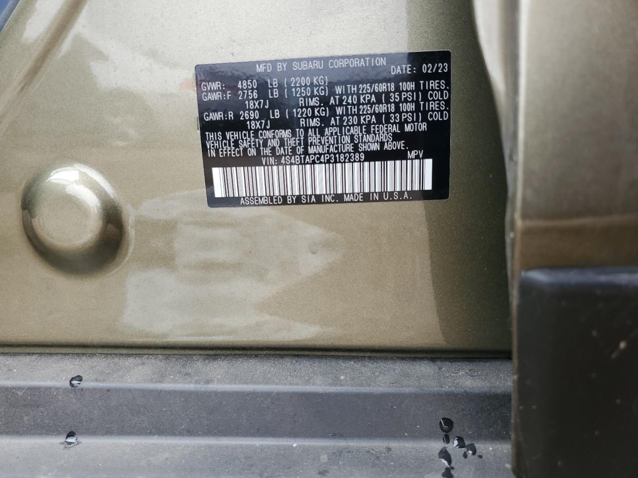 2023 Subaru Outback Touring VIN: 4S4BTAPC4P3182389 Lot: 86742674