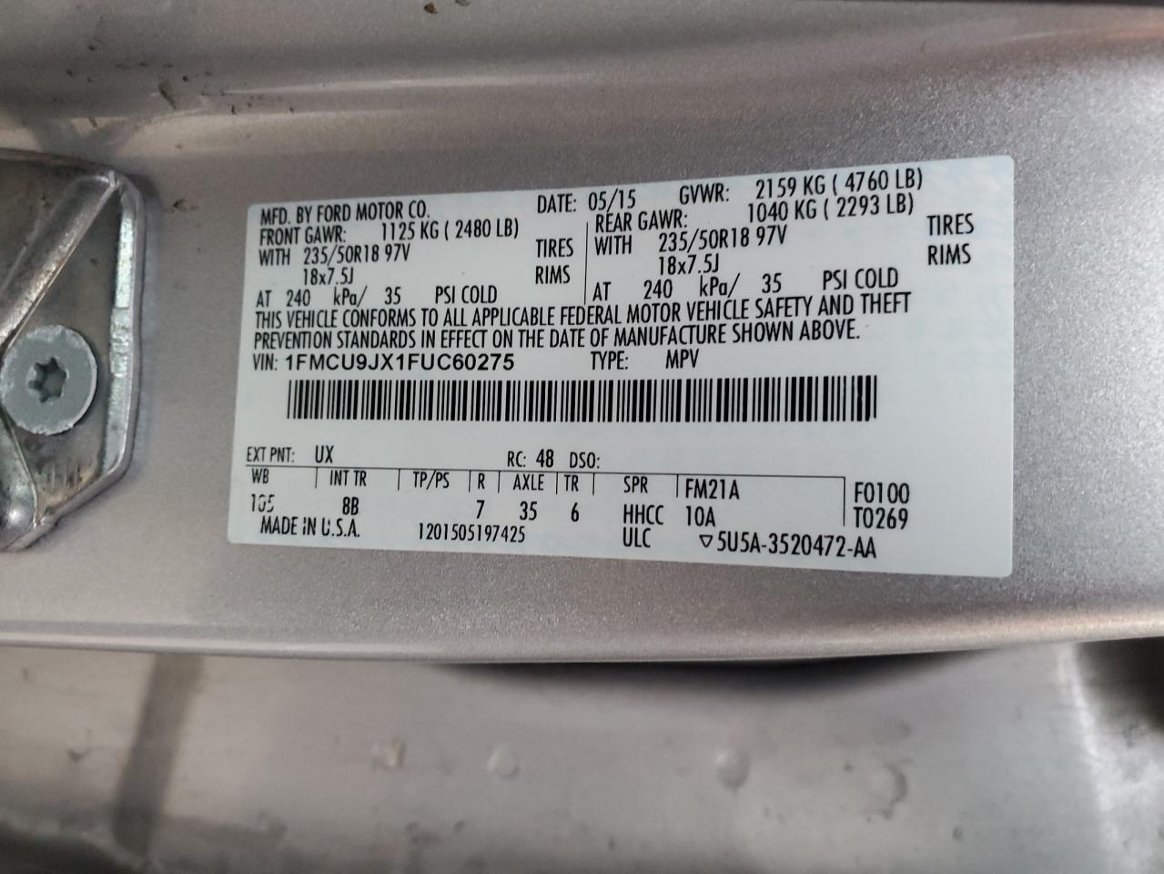 VIN 1FMCU9JX1FUC60275 2015 FORD ESCAPE no.13