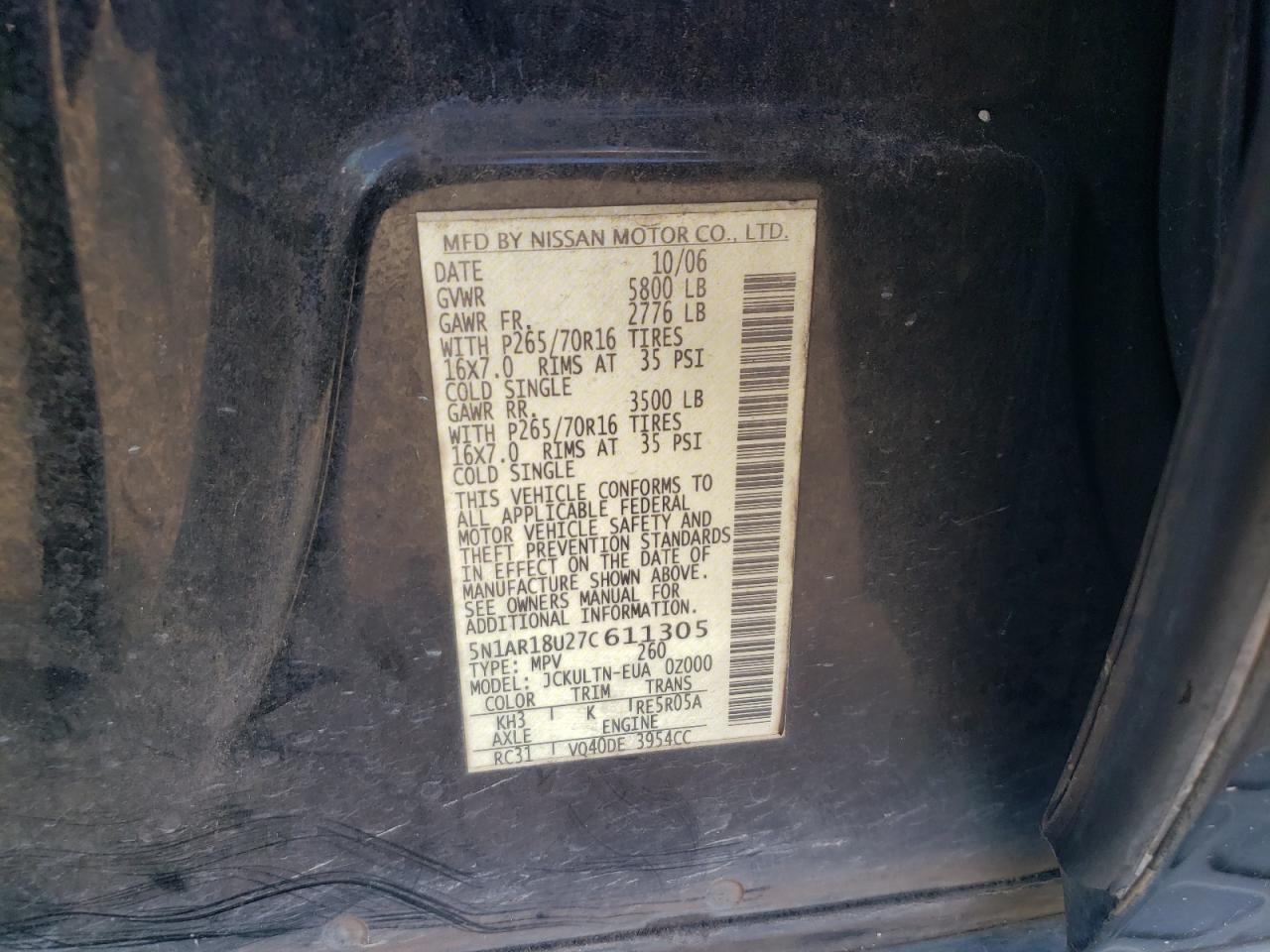 2007 Nissan Pathfinder Le VIN: 5N1AR18U27C611305 Lot: 82705764